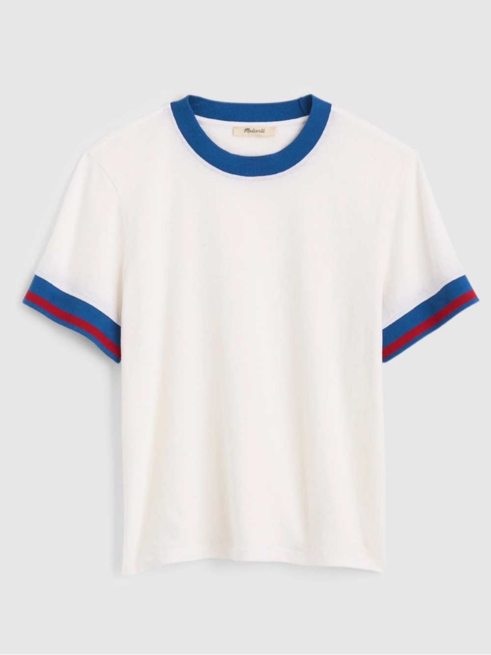 Madewell Classic White Varsity Stripe Tee with Blue & Red Trim NZ541 XXS